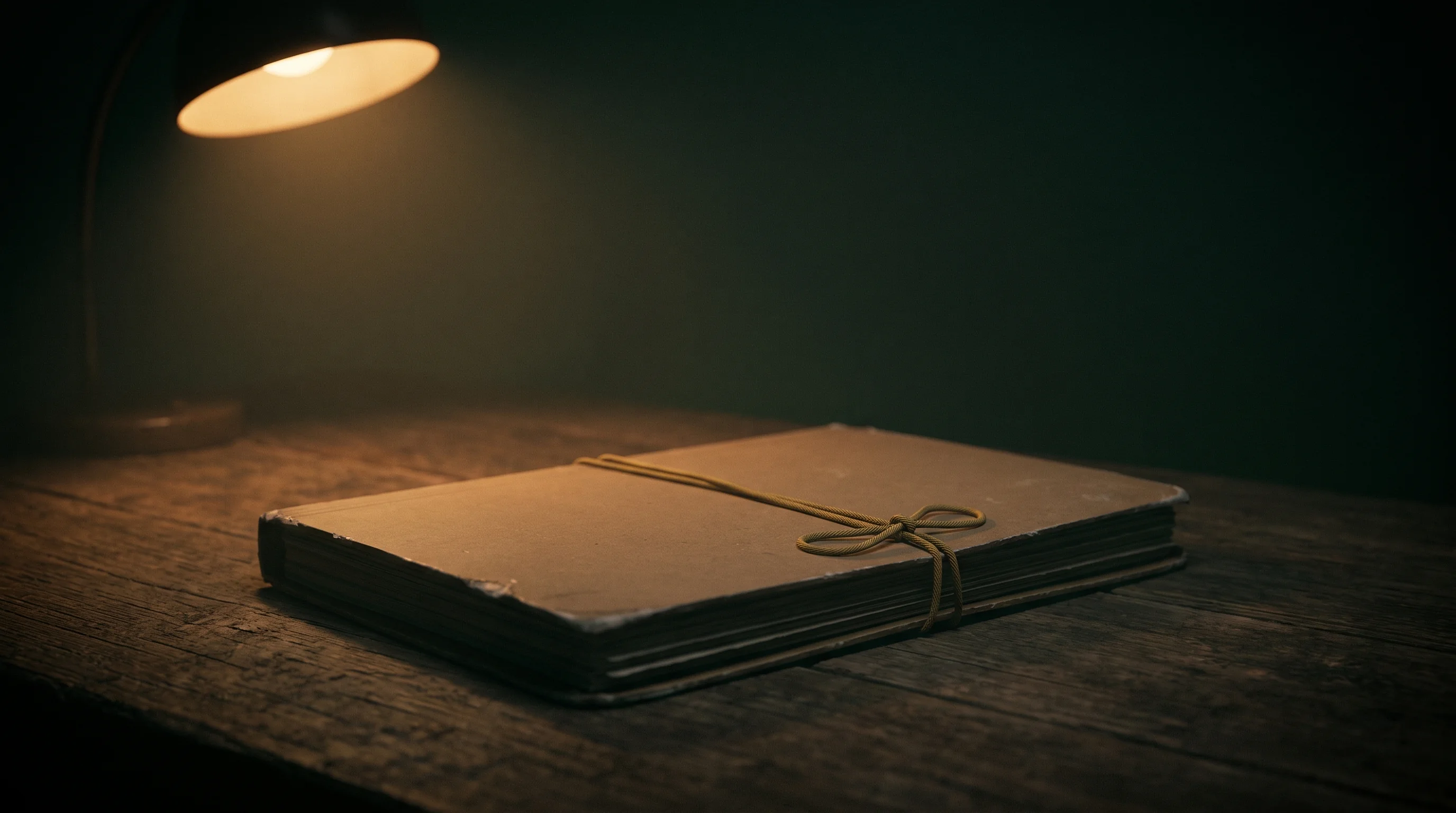 Un dossier cartonné fermé, lié d’un cordon d’or, posé sur une table de bois sous une lampe unique